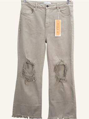 Risen Jeans High Rise Distressed Wide Leg Tan Jeans Size 15/32 NWT